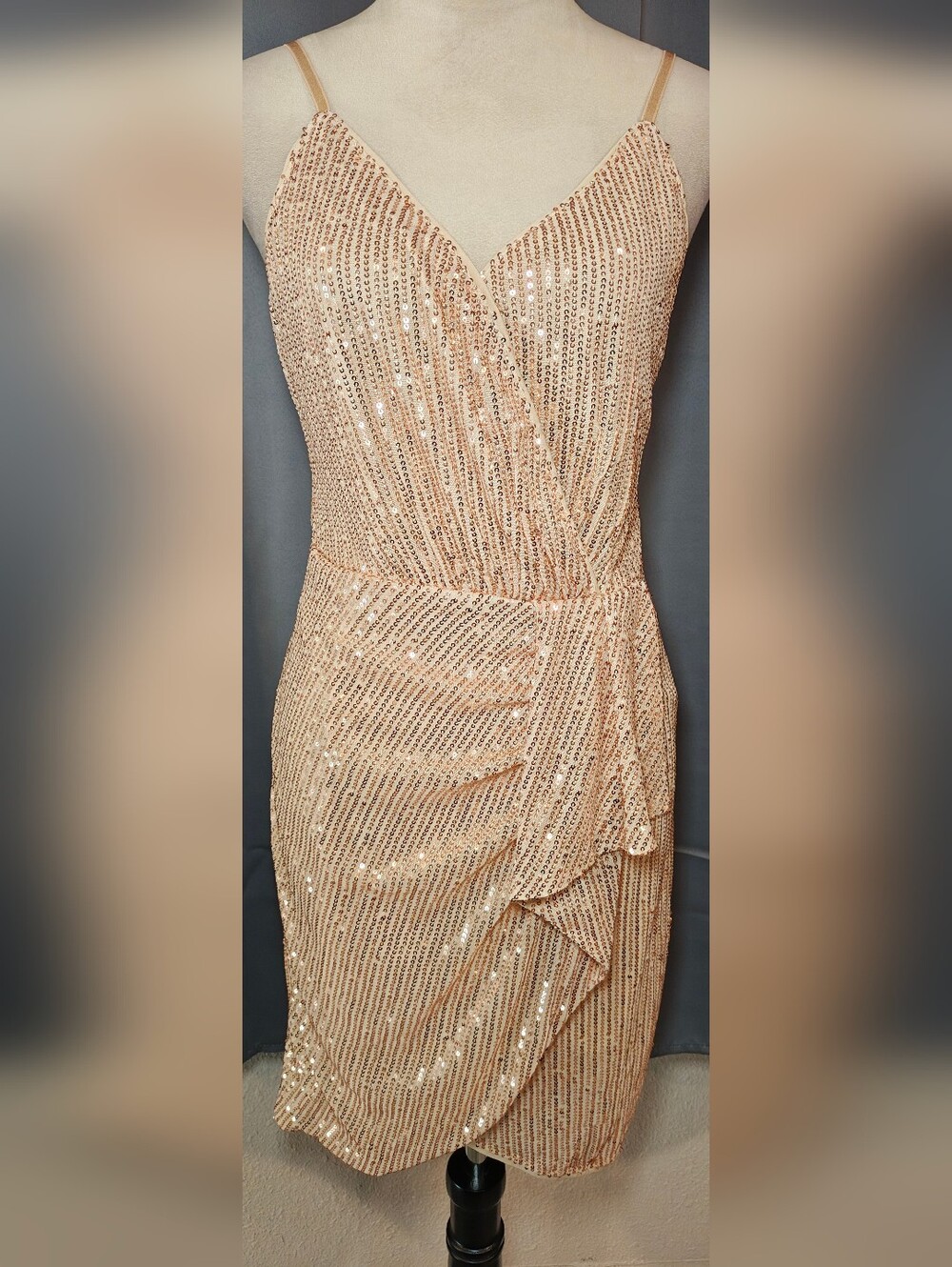 Double Crazy Champagne Sequined Cocktail Dress w V-neck, Ruffle Tulip Hem